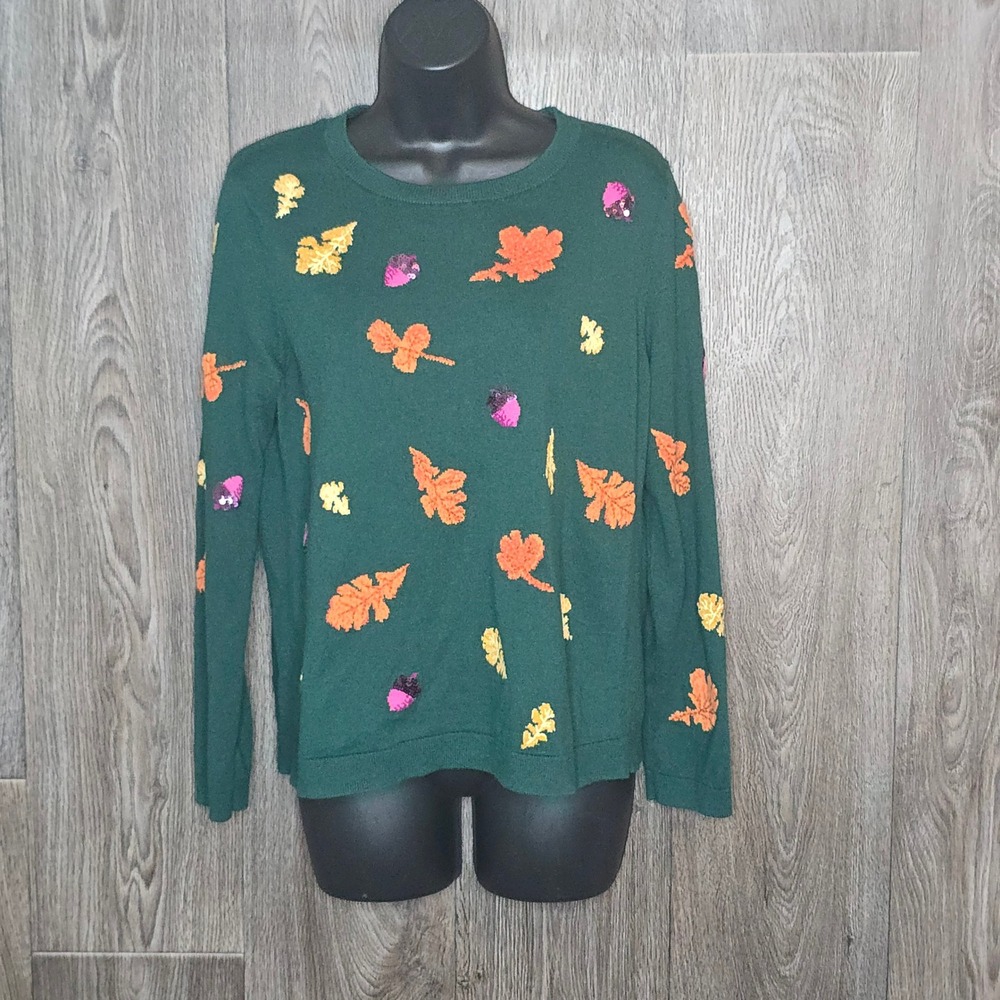 Talbots Fall Leaf Acorn Sequin Sweater LP Green Womens Petites